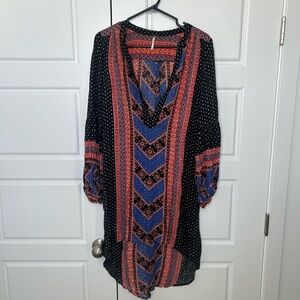Free People Black Long-Sleeve Boho Dress with Coral & Blue Accents